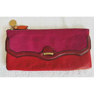 Tahari Burgundy suede & Red Pebble Leather Clutch Wallet colorblock cocktail-L